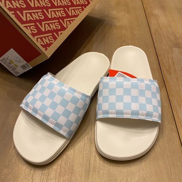 Vans Shoes - Vans Kids Checkerboard Slide Sandals - Light Blue & White